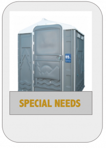 A portable toilet that is grey and has the words " special needs ".