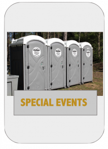 A line of portable toilets with the words " special events ".